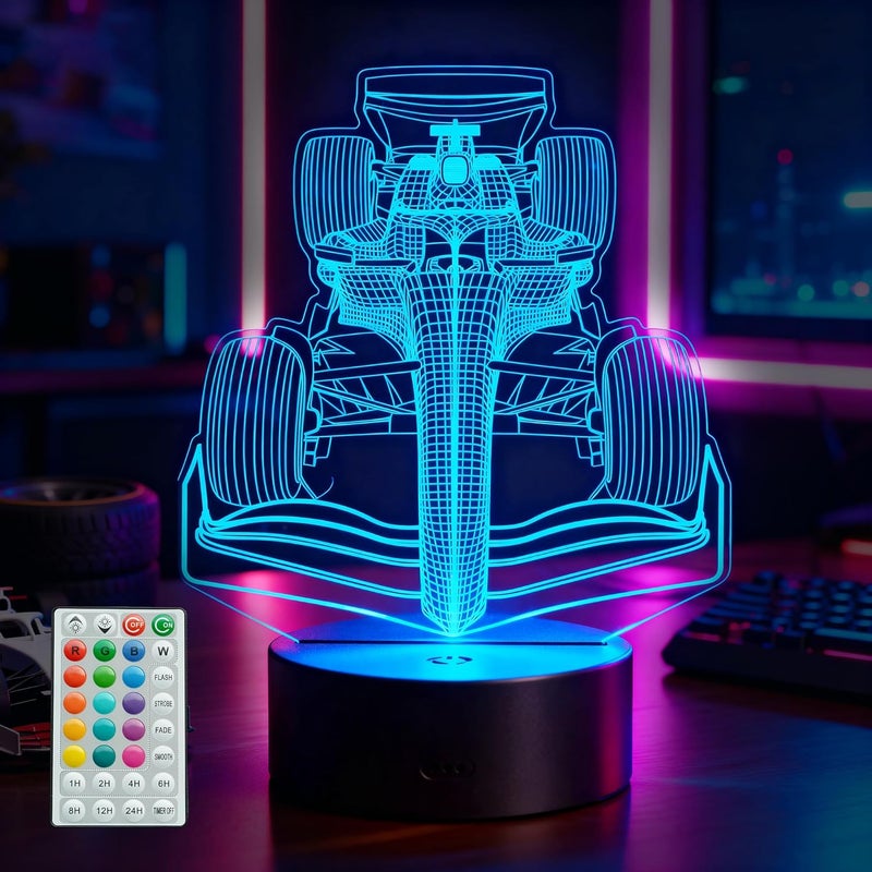 Posshe F1 Racing Car Gifts for Boy, Formula One Night Light with Remote Control, 16 Colors Changing, Timer, RGB Flashing Mode and Dimmable, Racing Car Merch for Boys Birthday Holiday Christmas Decor - Image 1